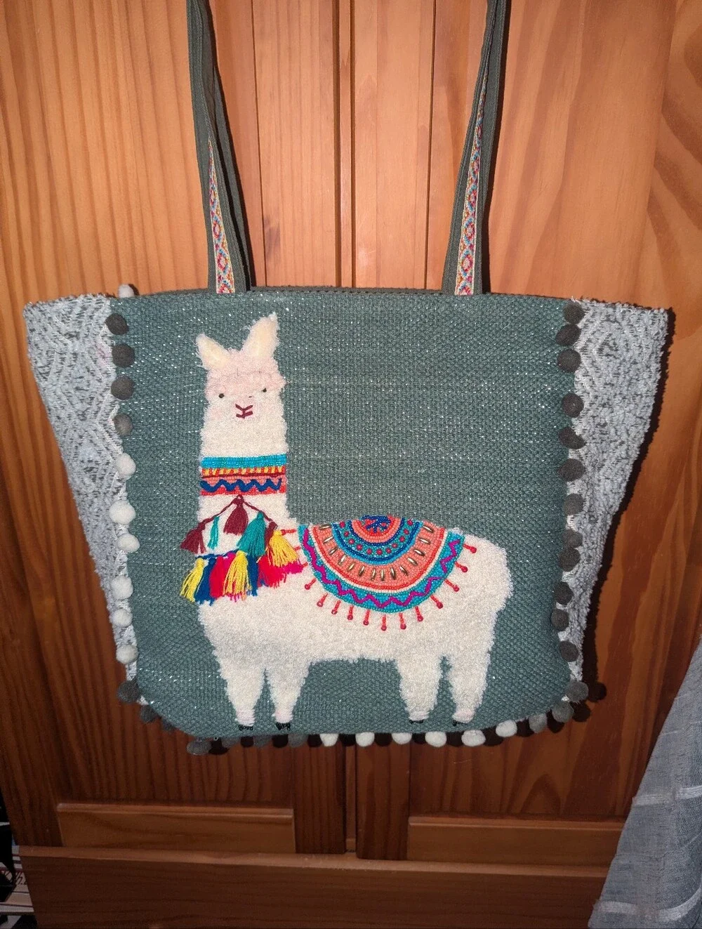 America & Beyond Green Llama Embroidered Tote Bag with Pom Trim